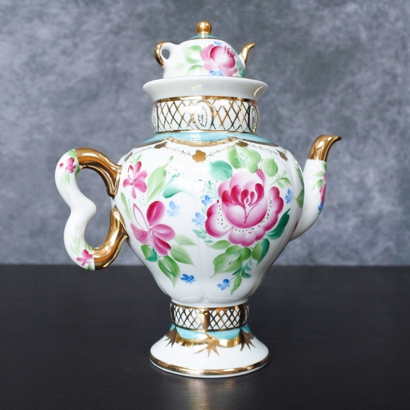 Vintage Lomonosov Imperial Russian Porcelain Light Day Pink Blue Floral Teapot - Picture 2 of 8